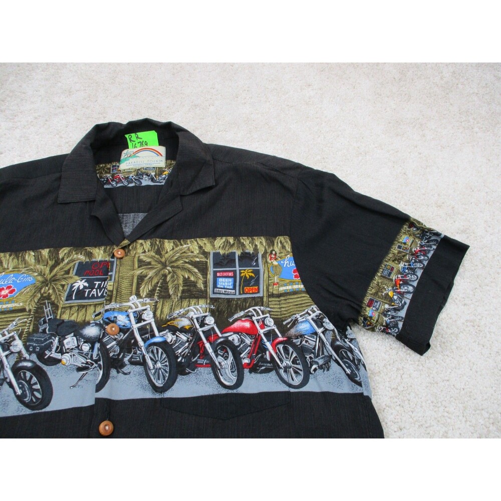 Paradise Found Shirt Men Medium Black Motorcycle Graphic Print Hawaiian Button - Picture 4 of 9